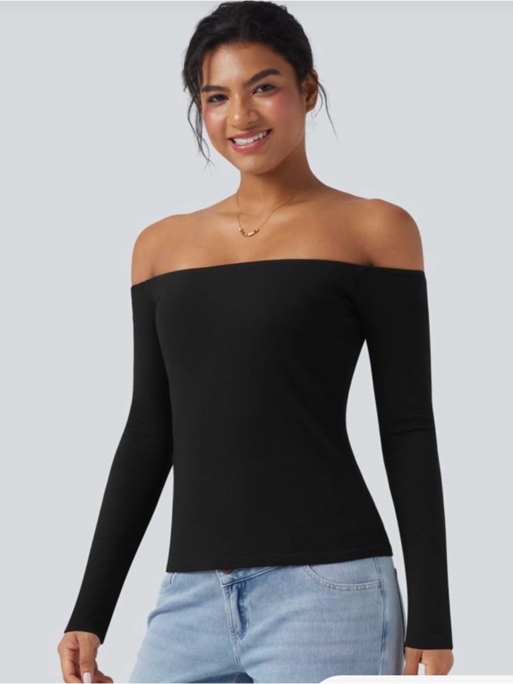 HALARA Black Off-Shoulder Ribbed Long Sleeve Top